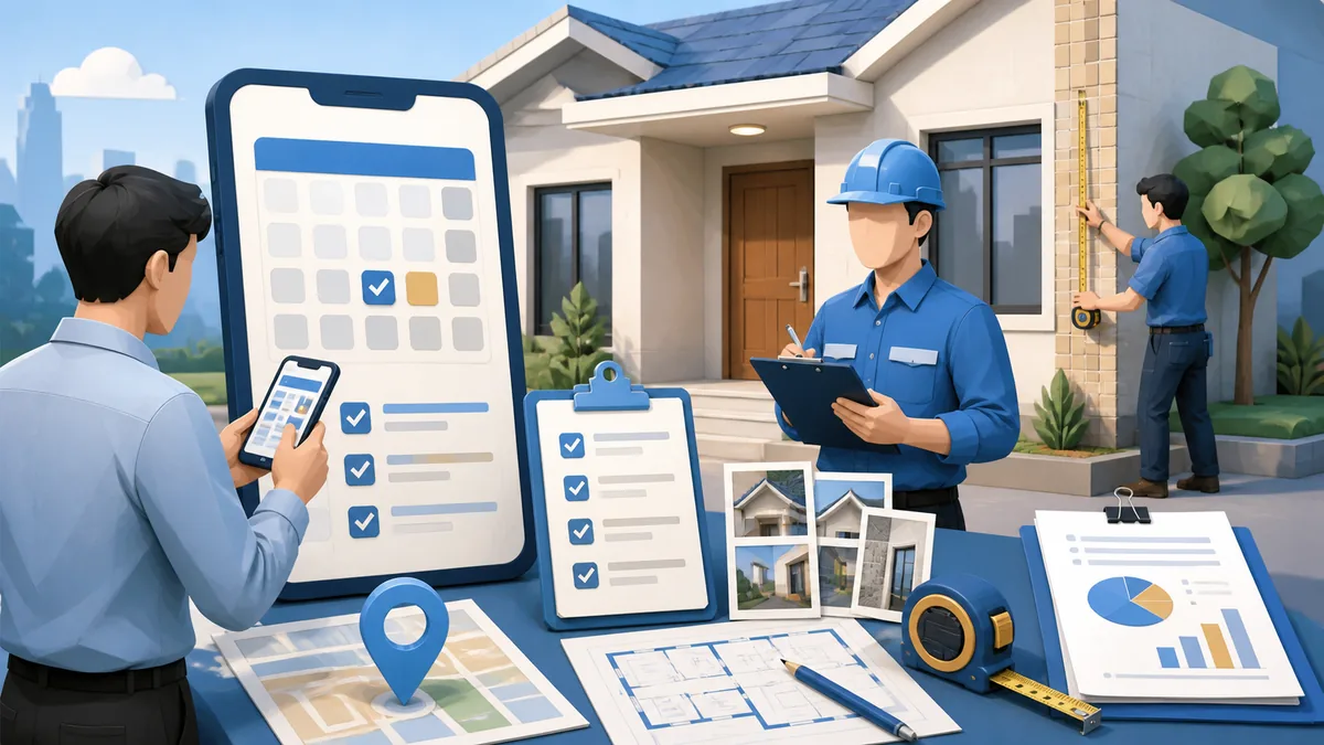 Cara booking survey renovasi rumah dengan jadwal kunjungan, lokasi proyek, foto kondisi bangunan, ukuran area, scope pekerjaan, RAB, dan tukang profesional