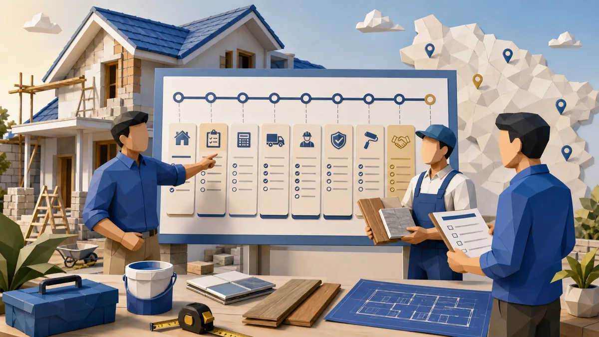Cara membuat timeline proyek renovasi rumah dengan scope pekerjaan, survey lokasi, RAB, jadwal tukang, pengadaan material, pengawasan, finishing, dan serah terima