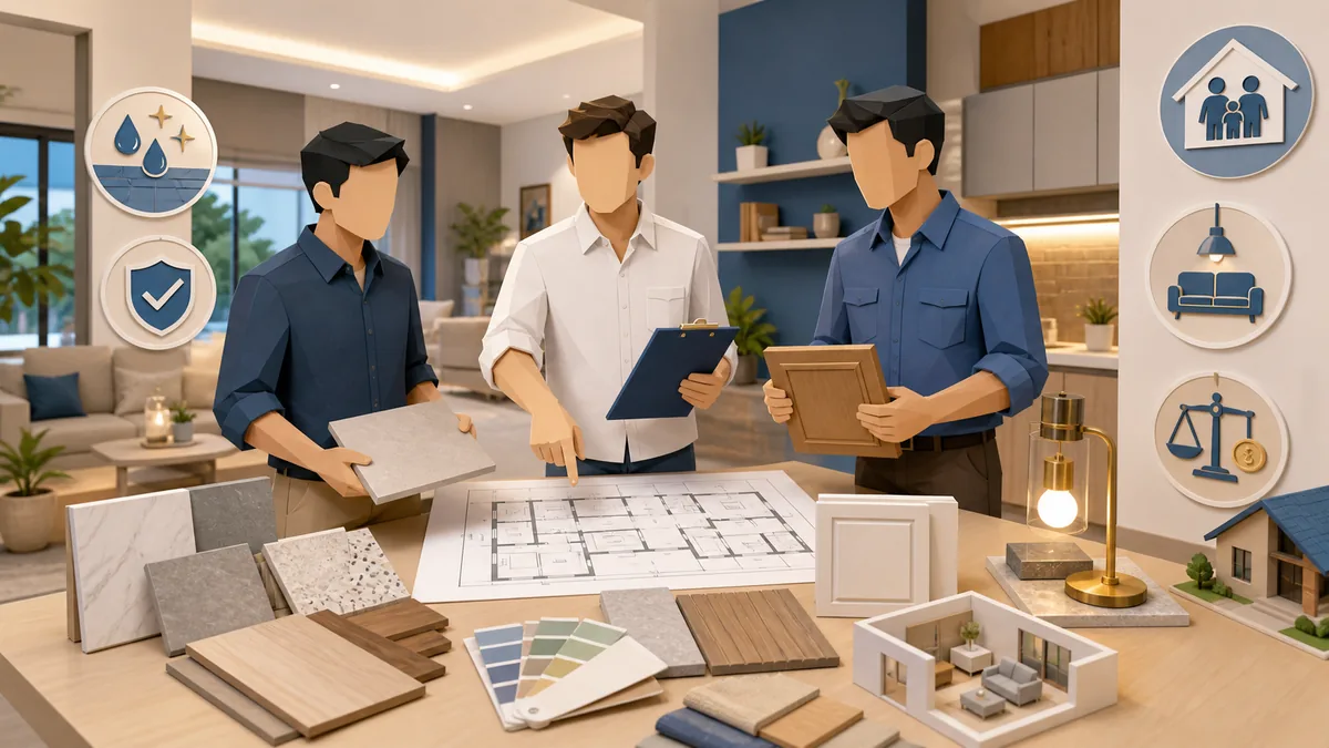 Cara memilih finishing rumah sesuai gaya hidup melalui pilihan lantai, cat dinding, kabinet, pencahayaan, material tahan lama, perawatan, dan budget RAB