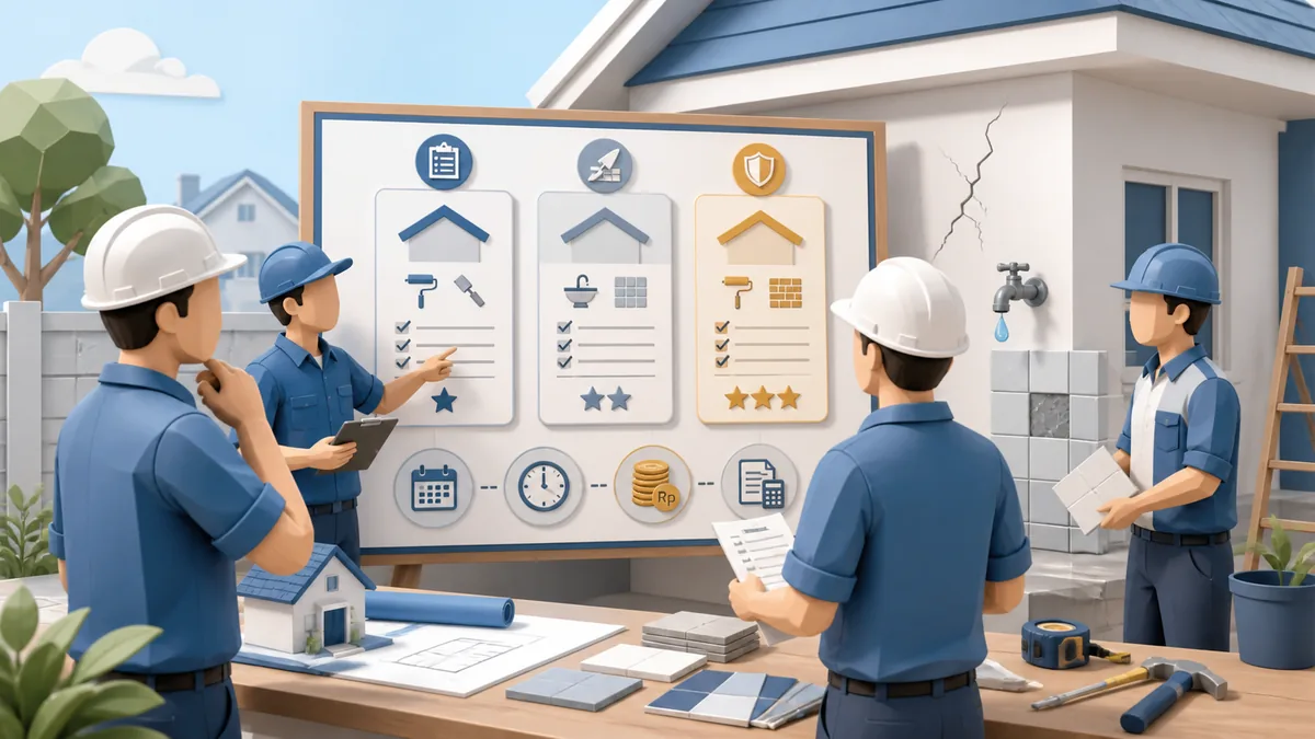 Cara memilih paket tukang untuk perbaikan rumah dengan checklist scope pekerjaan, RAB, pilihan harian atau borongan, material, jadwal, dan prioritas renovasi