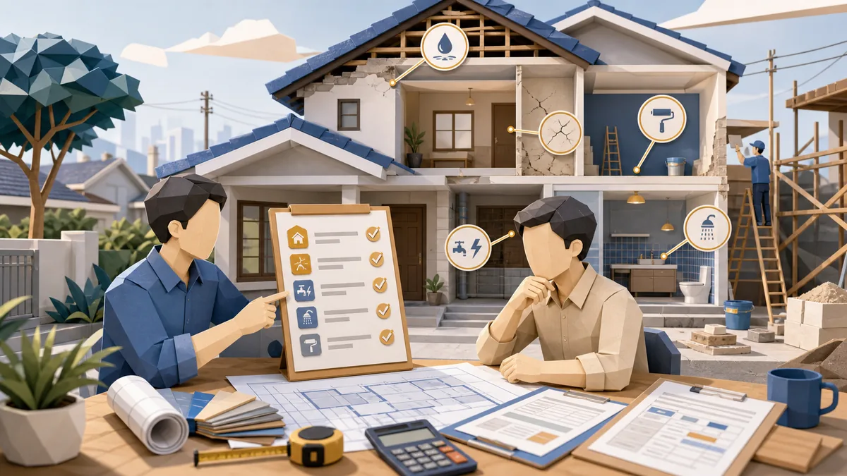 Cara menentukan prioritas renovasi rumah berdasarkan kondisi bangunan, scope pekerjaan, RAB, material, survey lokasi, dan estimasi biaya