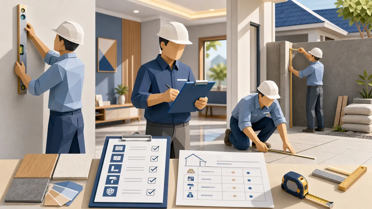Cara menilai kualitas pekerjaan tukang dengan checklist inspeksi dinding, lantai, finishing, alat ukur, material, scope pekerjaan, dan RAB proyek rumah