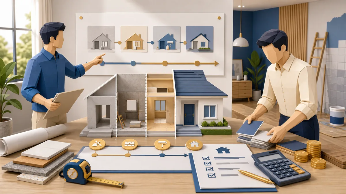 Cara renovasi rumah bertahap sesuai budget dengan fase pekerjaan, prioritas renovasi, RAB, material, timeline proyek, dan estimasi biaya