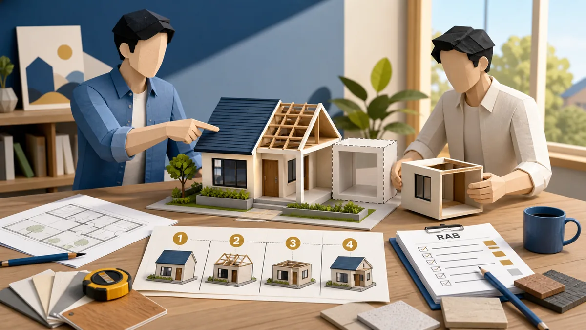Desain rumah sederhana yang mudah dibangun bertahap dengan model rumah modular, fase pembangunan, denah, RAB, material, dan estimasi biaya