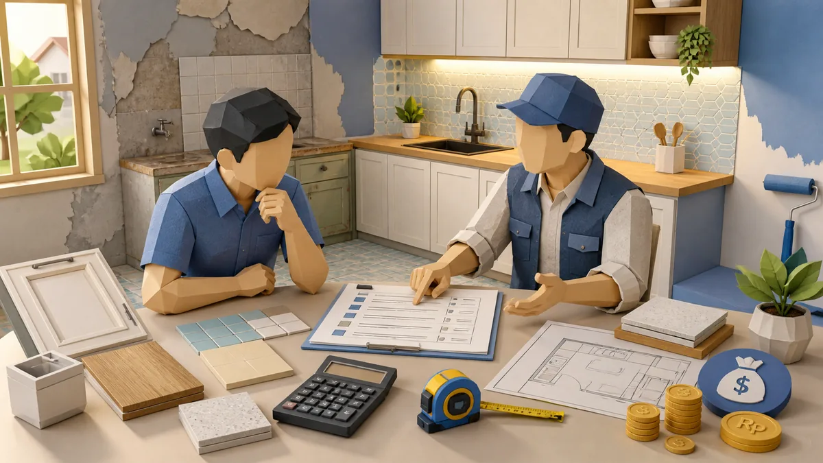 Estimasi biaya renovasi dapur sederhana berdasarkan scope pekerjaan, RAB, pilihan kabinet, countertop, keramik, plumbing, dan material