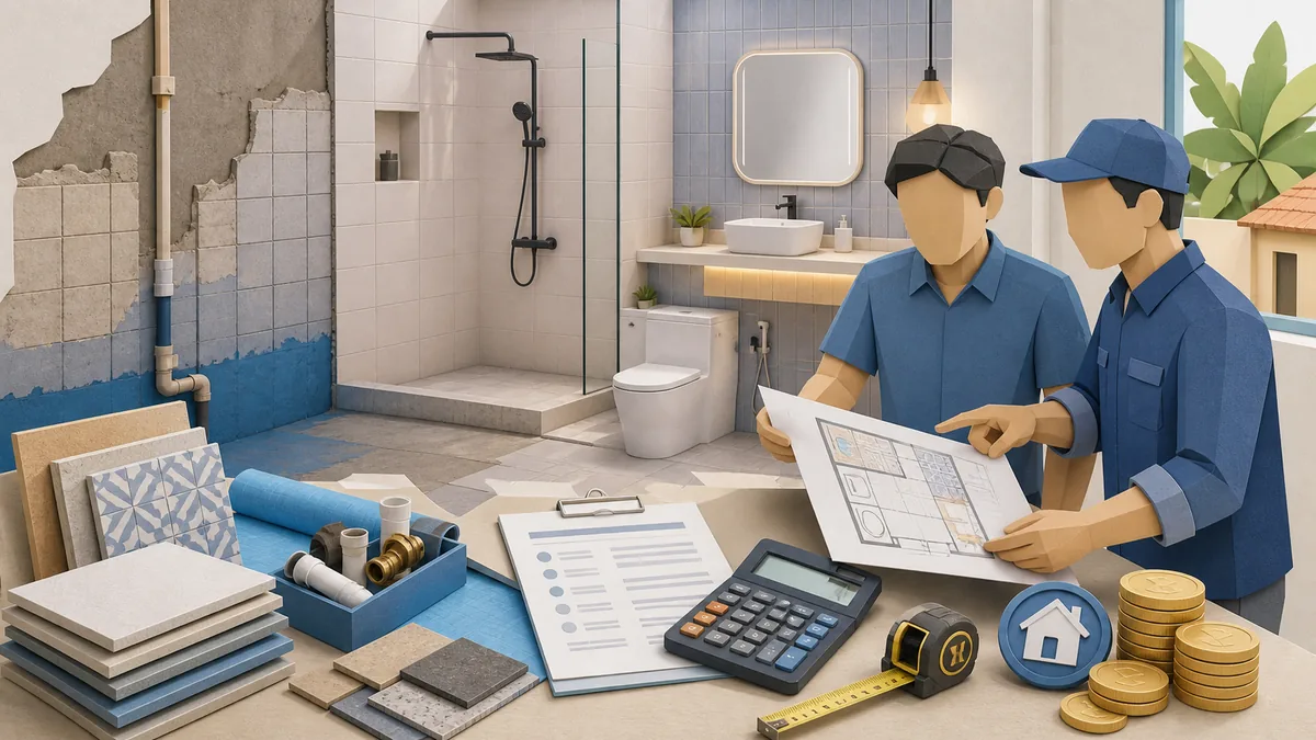 Estimasi biaya renovasi kamar mandi berdasarkan scope pekerjaan, RAB, pilihan keramik, plumbing, sanitary, waterproofing, dan material