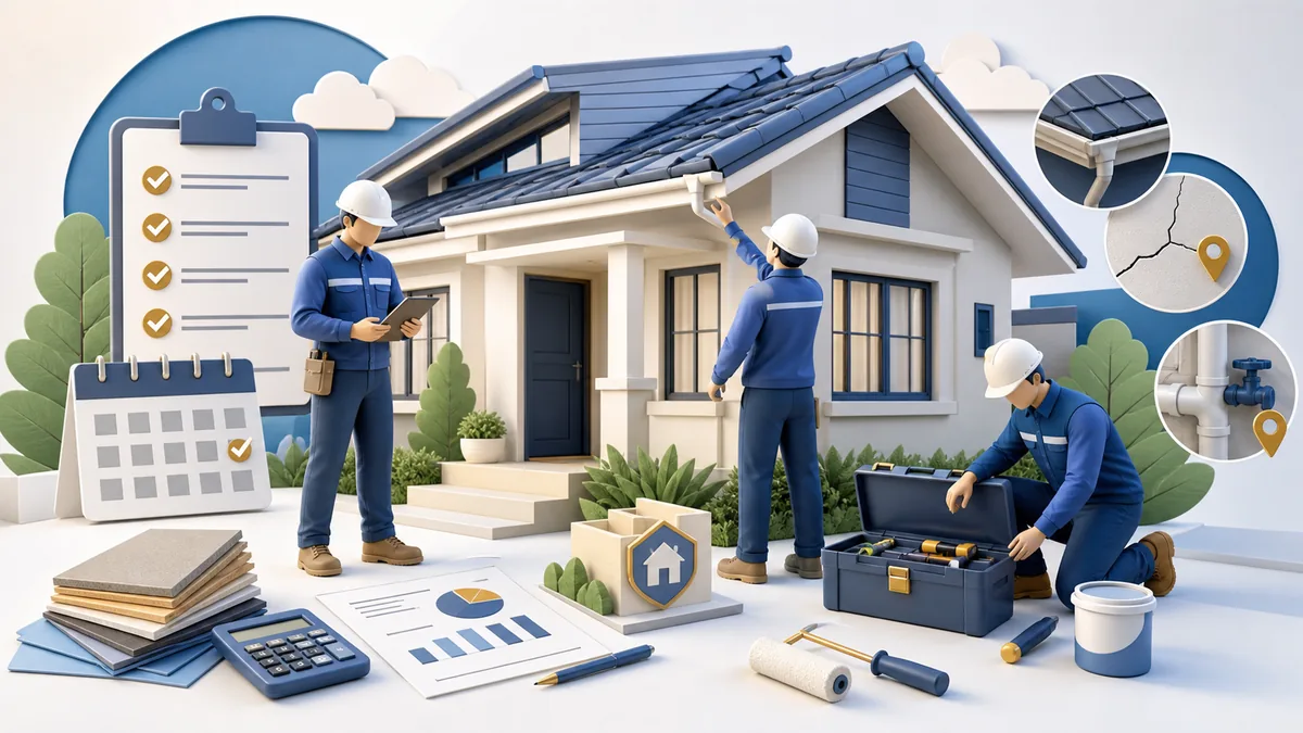 Jasa perawatan rumah berkala dengan checklist inspeksi atap, talang, dinding, instalasi air, RAB, jadwal perawatan, dan tukang bangunan profesional