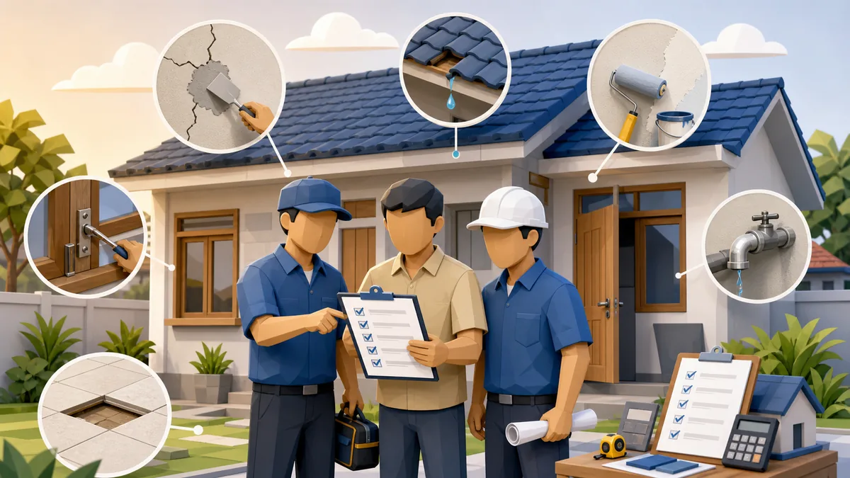 Jasa perbaikan rumah kecil yang sering dibutuhkan untuk dinding retak, atap bocor ringan, keramik lepas, cat rumah, pipa bocor, engsel pintu, dan checklist RAB