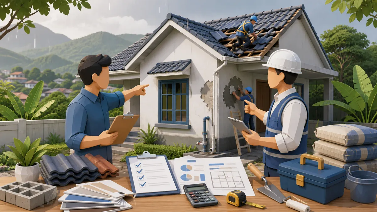 Jasa tukang bangunan Bogor untuk perbaikan rumah dengan cek atap, dinding, plumbing, RAB, material, dan estimasi biaya