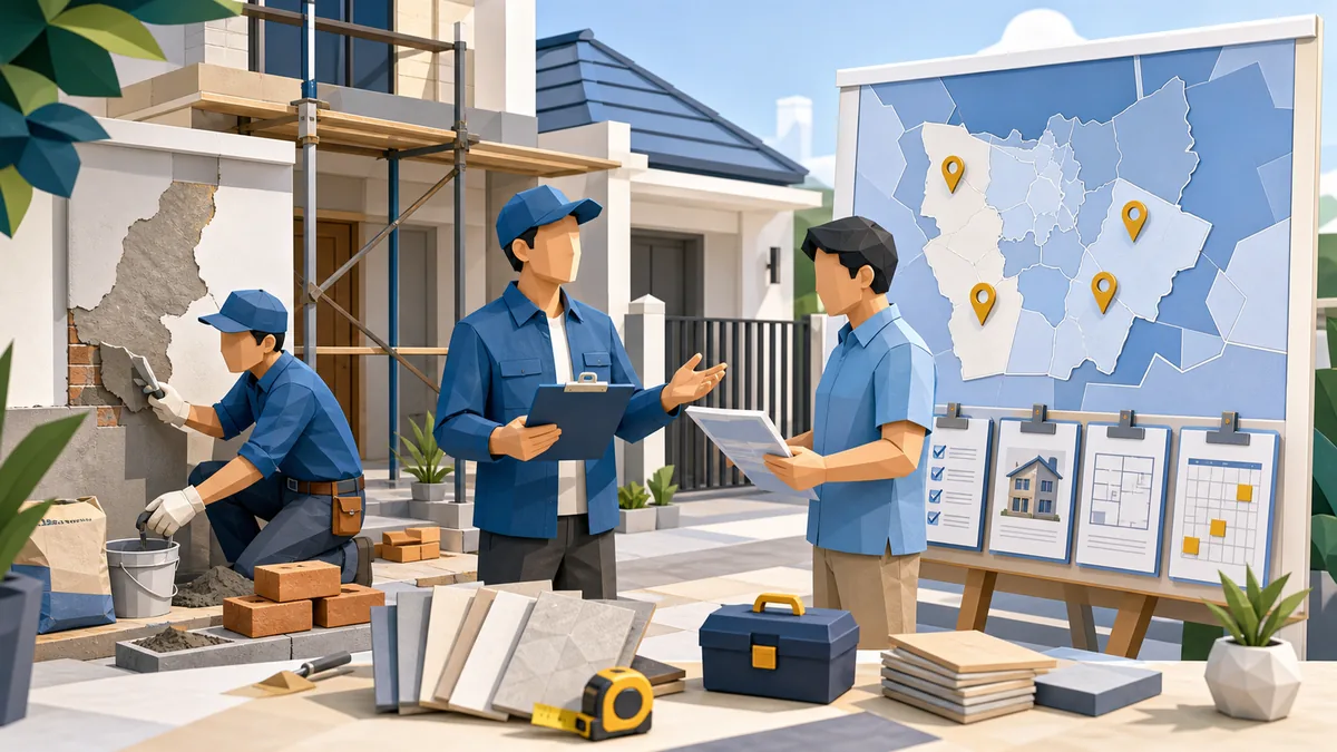 Jasa tukang bangunan Jakarta Barat untuk renovasi rumah dengan survey lokasi, scope pekerjaan, RAB, material, jadwal tukang, dan pengawasan