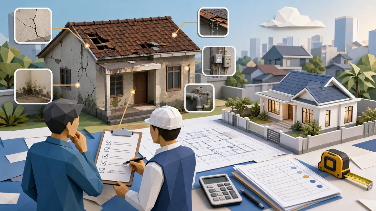 Kapan rumah perlu renovasi total berdasarkan kondisi struktur, atap, dinding lembap, instalasi, scope pekerjaan, RAB, dan estimasi biaya