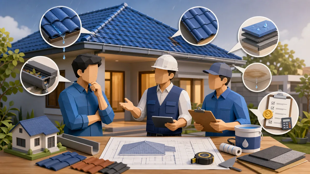 Panduan renovasi atap rumah bocor dengan survey titik bocor, pengecekan genteng, talang, plafon lembap, waterproofing, material atap, dan RAB