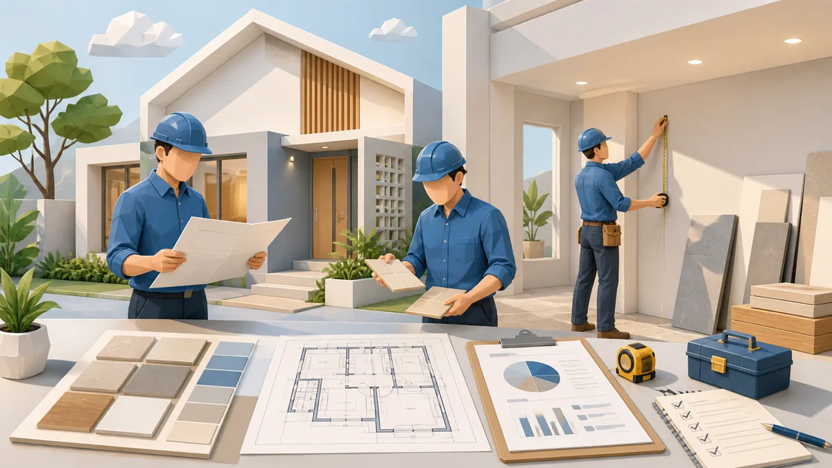 Panduan renovasi rumah minimalis dengan perencanaan scope pekerjaan, RAB, pilihan material, finishing modern, survey lokasi, dan tukang profesional