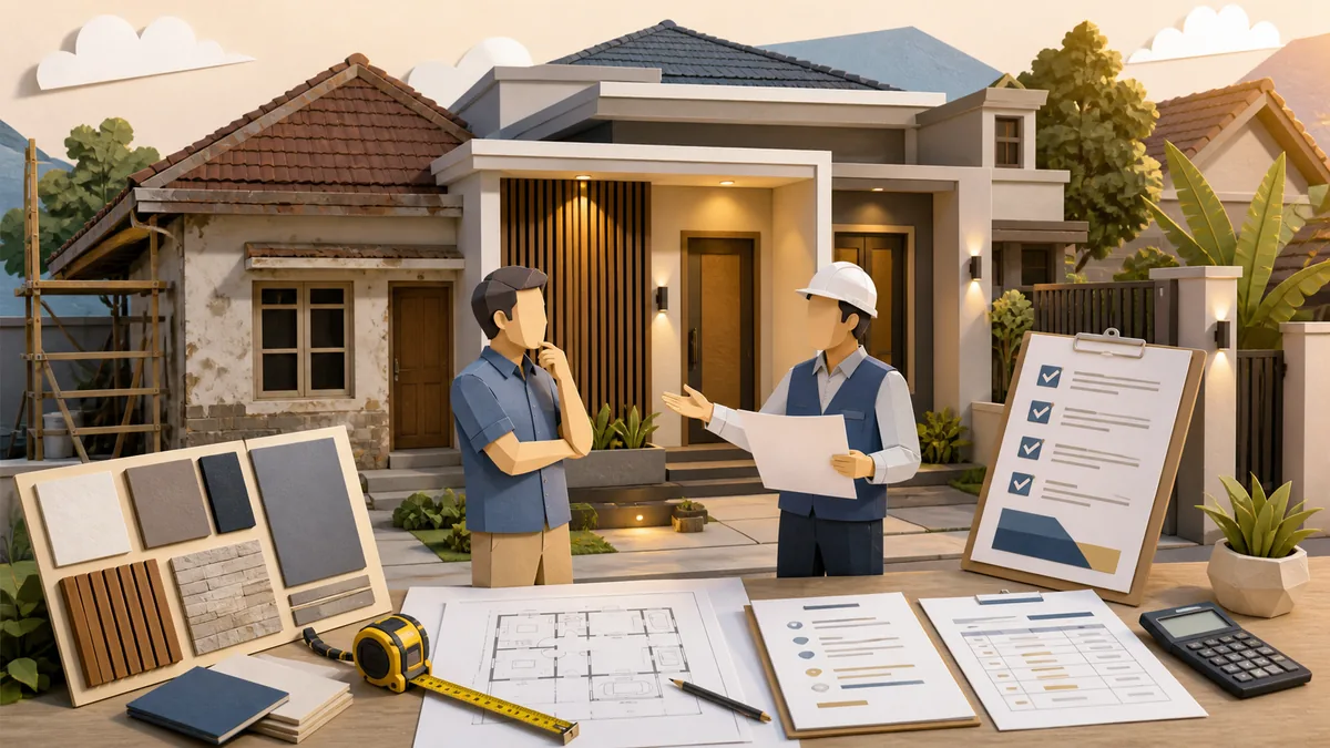 Persiapan renovasi fasad rumah agar tampak modern dengan scope pekerjaan, survey kondisi, pilihan material, RAB, dan estimasi biaya