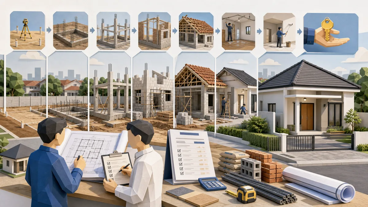 Tahapan bangun rumah dari nol sampai serah terima mulai dari survey, RAB, pondasi, struktur, dinding, atap, finishing, hingga kunci rumah