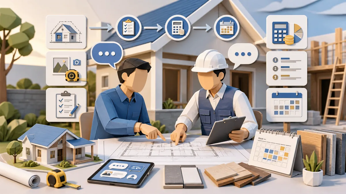 Tips komunikasi dengan kontraktor rumah melalui scope pekerjaan, checklist, blueprint, RAB, timeline proyek, pilihan material, dan catatan survey