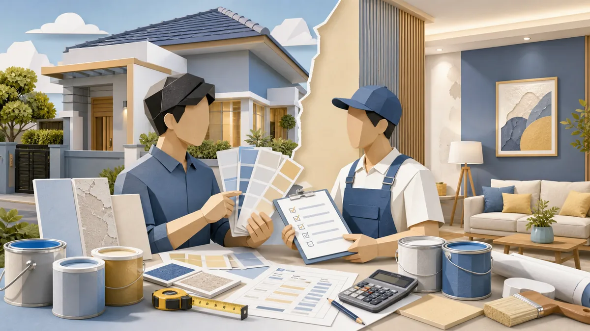 Tips memilih cat interior dan eksterior rumah berdasarkan kondisi dinding, pilihan warna, finishing, material cat, RAB, dan estimasi biaya