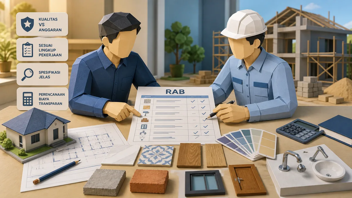 Tips memilih spesifikasi material di RAB dengan perbandingan kualitas, anggaran, sampel keramik, kayu, cat, fixture, scope pekerjaan, dan biaya proyek rumah