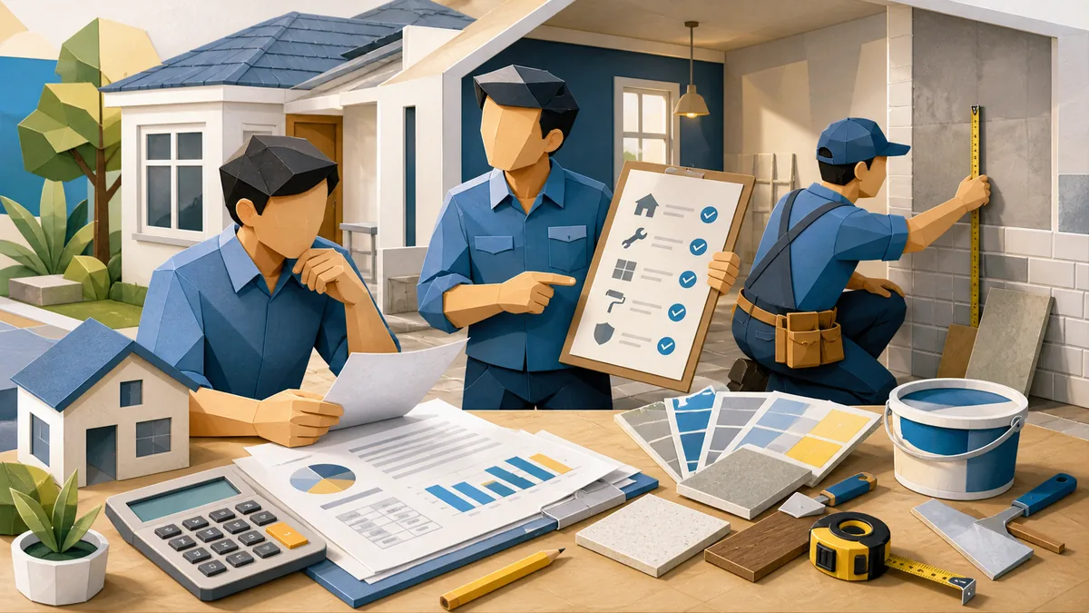 Tips renovasi rumah dengan biaya terjangkau melalui scope pekerjaan, RAB, prioritas perbaikan, pilihan material hemat, jadwal tukang, dan kontrol budget